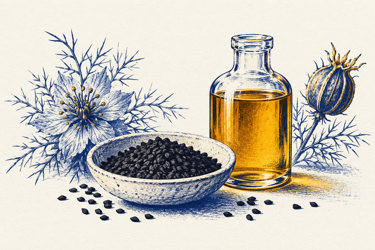 Botanical illustration of black seeds, Nigella flowers and amber oil