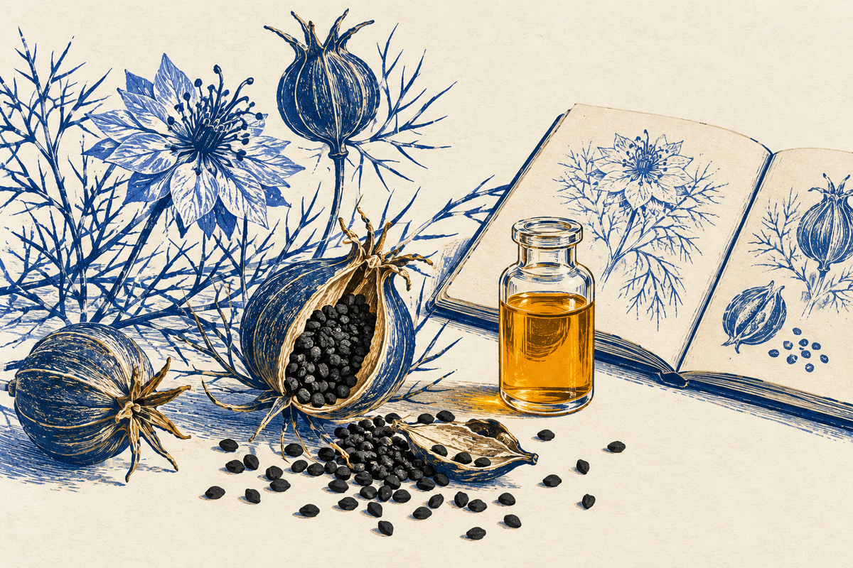 Illustration of Nigella seeds, amber oil and a botanical research notebook